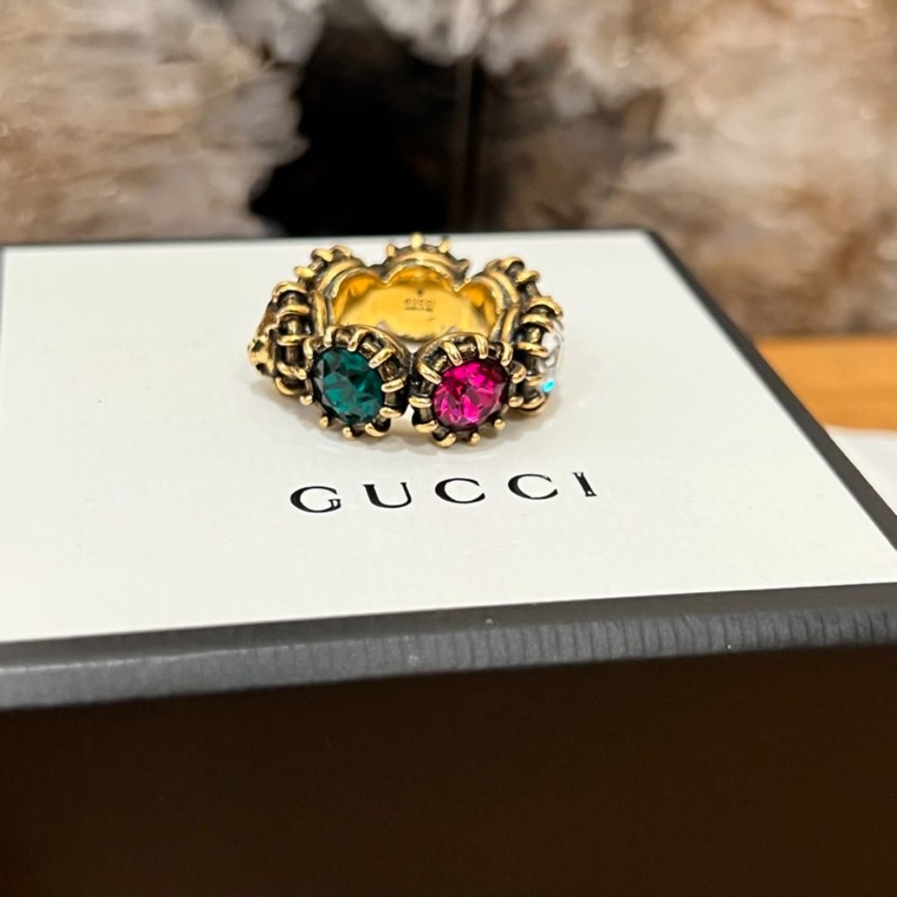 Gucci Aged Gold Tiger Head Multicolor Stones Infinity Stones Thanos Ring - Picture 3 of 15